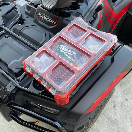 Milwaukee Packout bracket on front of Honda Foreman 520